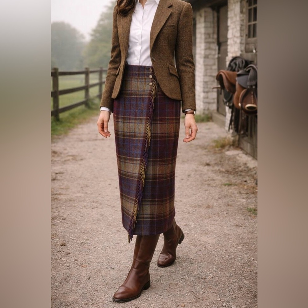 Vintage Ralph Lauren Plaid Wool Wrap Skirt Fringe Long Pencil Midi Equestrian S - Picture 2 of 12